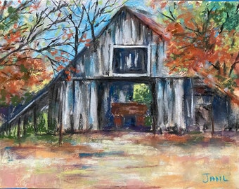 Old Barn Painting Original Pastel 9 x 12 Rustic Wooden Gray Barn in Countryside Landscape Fine Art Free Shipping Janlpastels Wall Art Unique