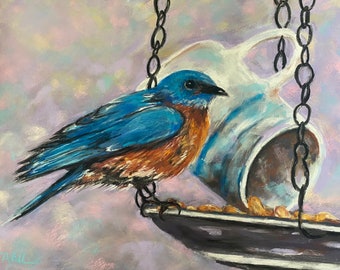 Bluebird on Feeder Pastel Painting Original Art 12 x 16 Eastern Bluebird Animal Fine Art Housewarming Gift Idea Bird Art Free Shipping