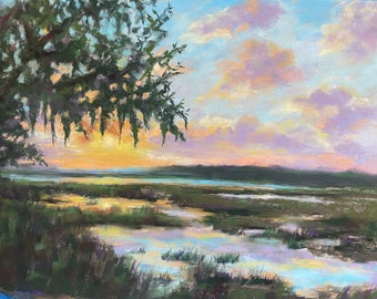 Low Country Wetlands Evening Glow Painting 18x 24 Pastel Original Wall Art Marshlands Marsh Sunset Southern Lowlands Housewarming Gift