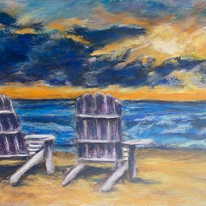 Beach Sunset Awaits Original Pastel Painting 11 x 17 Florida Coastal Seascape Beach Chairs Housewarming Gift New Home Gift Free Shipping