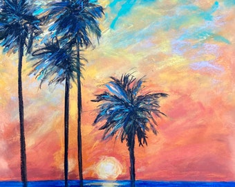 Original Pastel Painting California Dreaming Fiery Sunset 12 x 18 Florida Artwork FREE Shipping Sunset Art Original Drawing JanLPastels