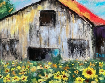 Barn Painting with Sunflowers Original Soft Pastel 10 x 13 Country Landscape Fine Art FREE Shipping Housewarming Birthday Gift Idea