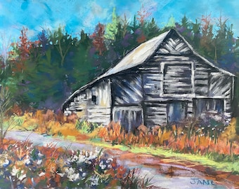Barn in Countryside Original Pastel Painting 12 x 16 Rustic  Barn in Smoky Mountains Landscape Wedding Housewarming Gift Free Shipping