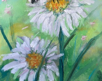 Bumblebee Original Painting on White Flower Pastel  5 x 7 Bee on Wildflower Art Gift Idea Free Shipping Flower Fine Art Shelf Small Art