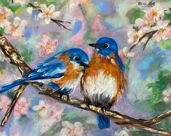 Eastern Bluebirds in Flowering Tree Original Pastel Painting 11 x 15 Animal Art Bird Painting Birthday Gift Christmas Gift Natural Beauty