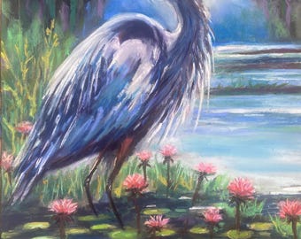 Great Blue Heron in Lilly Pond Pastel Painting 12 x 18 Original Coastal Bird Wall Art Seascape  Wedding Housewarming Gift  Free Shipping