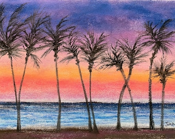 Hawaii Sunset Original Watercolor Painting 8.5 x 11.5 Coastal Tropical Beach Artwork by Janlpastels Island Wall Art Free Shipping