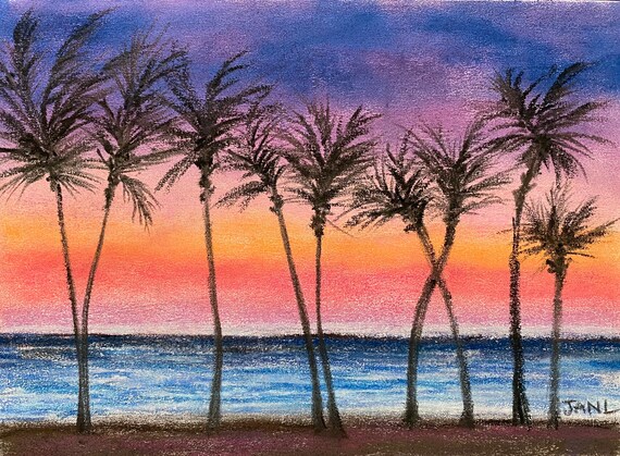 Hawaii Sunset Original Watercolor Painting 8.5 X 11.5 Coastal