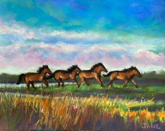 Horses on Shackelford Island Original Outer BanksPastel Painting 12  x 16 Corolla Beach North Carolina Wild Horses Fine Art Home Decor