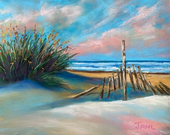 Beach Sand Dune Pastel Original Painting 9 x 11 in Outer Banks North Carolina Wall Art Beach Sunset Artwork Janlpastels Fine Art Free Ship