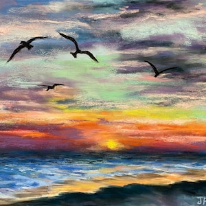 Beach Painting Soaring Seagulls 12 x 15 Original Soft Pastel Florida Sunset Coastal Wall Art Calm Peaceful FREE Shipping Janlpastels