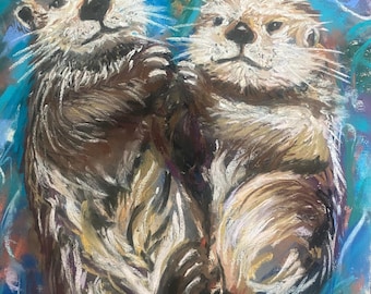 Otter Friends Original Pastel Painting 11 x 14 Animal Art Wall Artwork Ocean River Animal Painting Birthday Gift Decor Free Ship