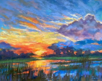 Lowlands Evening Sunset Pastel Painting 18 x 24 Original Wetlands Marsh Low Country Coastal Wall Fine Art Semi Abstract Free Shipping