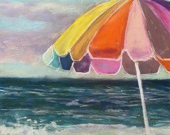 Beach Umbrella Day Original Pastel Painting 12 x 16 Florida Coastal Wall Fine Art Sunset Oceanscape Housewarming Gift  FREE Shipping