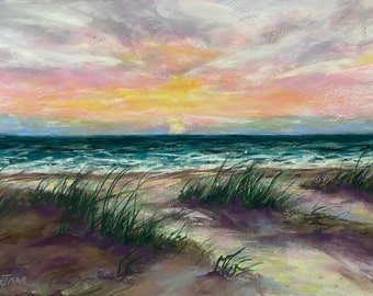 Beach Sunset Original Pastel Painting 12 x 16 Florida Coastal Sand Dunes Wall Fine Art Seascape Housewarming Birthday Gift Free Shipping