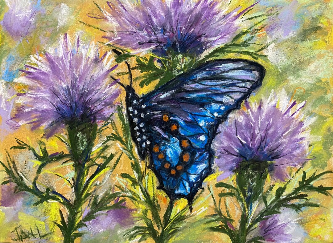 Butterfly in Spring Purple Wildflowers Pastel Painting 9 X 12 Original ...