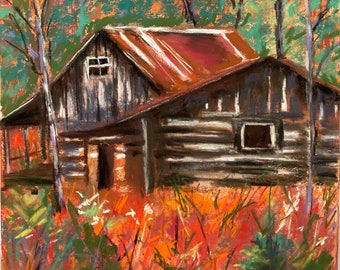 Smoky Mountains Cabin Barn Original Painting 10 x 10 in Autumn Wooden Country Barn in Smokies Colorful Red Fall Trees Wall Art Free Shipping