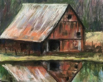 Barn Reflection Pastel Painting 9x 12 Original Calm Rustic Red Barn in the Countryside Landscape with Reflection in Pond FREE SHIPPING