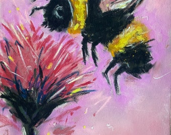 Bumblebee on Pink Flower Pastel Original Painting 5 x 7 Bee  Animal Art Gift Idea Free Shipping Flower Fine Art Shelf Small Art Unique