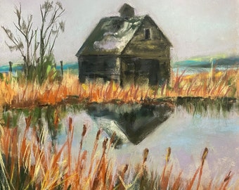 Barn by Pond Original Pastel Painting 10 x 10  Wooden Rustic Barn With Pond Tall Grasses Wedding Housewarminggift  Wall Art Free Shipping