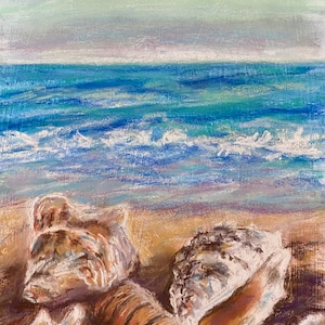 Seashells on the Beach Original Pastel Painting 11 x 14 Florida Coastal Vacation New Home Gift Fine Art Seascape Island Artwork Free Ship