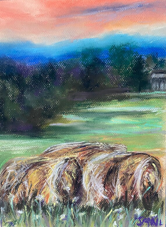Pastel Painting Summer Hay Bales Peach Sky Blue Mountains Etsy