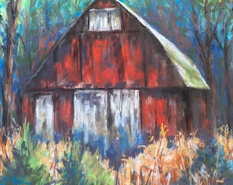 Red Barn in Country Original Pastel Painting 14 x 12 Rustic Old Wood Barn in Smoky Mountains Landscape Painting Free Shipping Christmas Gift