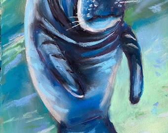 Manatee Original Pastel Painting 8 x 12 Animal Art Narwhal Wall Artwork Ocean Free Shipping Birthday Gift Children’s Room Decor