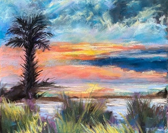 Island Sunset Pastel Original Painting 12 x 18 Ocean Coastal Beach Palm Tree Wall Art Free Shipping Housewarming Gift Birthday Gift Idea