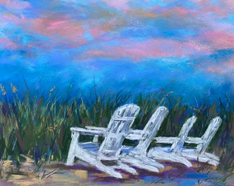 Beach Original Pastel Painting “Waiting for Sunset” 11 x 14 Coastal Seascape Ocean Wall Art Sand Dunes Free Shipping Housewarming Gift Idea