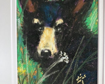 Bear in Pasture of Flowers Pastel  Original Painting 5 x 7 Black Bear Animal Gift Idea Free Shipping Smoky Mountains Small Fine Art