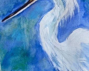 Snowy Egret Watercolor Painting 16 x 20 in  Abstract Coastal Ocean Bird Fine Art Home Decor Free Shipping