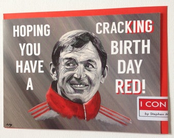 May include: A birthday card with a red and white design featuring a portrait of a man with the text "Hoping you have a cracking birthday red!" and "I Con by Stephen M".