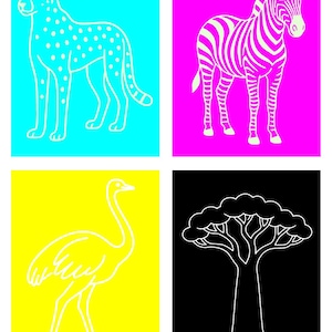 May include: Four colourful squares featuring white line drawings of a cheetah, zebra, ostrich, and tree. The cheetah is on a blue background, the zebra on pink, the ostrich on yellow, and the tree on black.