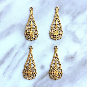 4 Pieces Ornate Filigree Charm in Raw Brass // drop dangly elegant earrings pendant jewelry making supplies DIY craft scrapbooking romantic