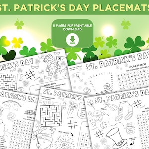Op de afbeelding: Vijf zwart-witte printbare St. Patrick's Day-placemats met verschillende activiteiten, waaronder woordzoekers, doolhoven en verbind de stippen. De placemats bevatten klavertjesvier, kabouters en andere afbeeldingen met betrekking tot St. Patrick's Day.
