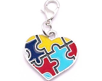 Autism Awareness Heart Clip On Charm, Puzzle Piece Jewelry