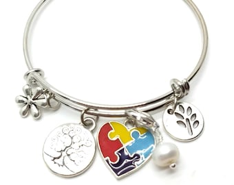 Autism Awareness Charm Bracelet, Puzzle Heart Jewelry, Gift Boxed