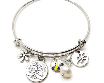 Down Syndrome Awareness Charm Bracelet, Silver Tone, Blue Yellow Ribbon