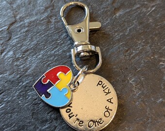 May include: Silver keychain with a blue, yellow, red, and purple puzzle piece heart charm. The charm is attached to a round silver tag that reads "You're One of a Kind".