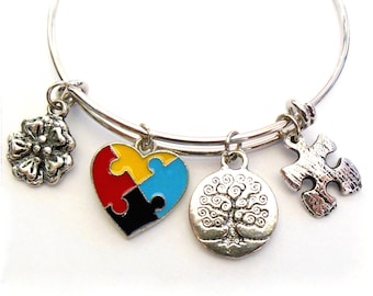 Autism Awareness Charm Bracelet, Heart Puzzle Piece, Gift Boxed