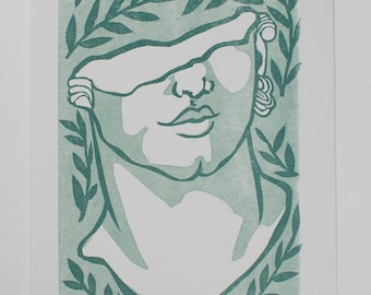 Head of A Youth Greek Statue Linocut Print