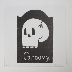Groovy Skull Woodcut Print