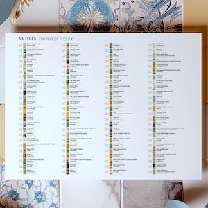 Puede incluir: Una hoja de papel blanca con el texto "NY TIMES The Reader Top 100" impreso en la parte superior. El papel está dividido en columnas con números y títulos de libros listados. Cada título de libro está acompañado de una pequeña imagen de la portada del libro.