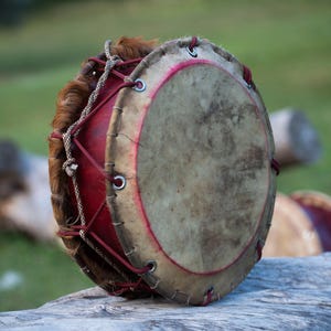 13&quot; -  35 cm Double-Sided Shamanic Drum with Natural Fur & Deer Hide, Ritual Instrument, Shamanic Journey Drum, Handmade, Sacred Drum