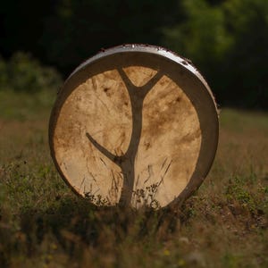 Handgemaakte 20" sjamaantrommel met hertenleer en natuurlijk gewei