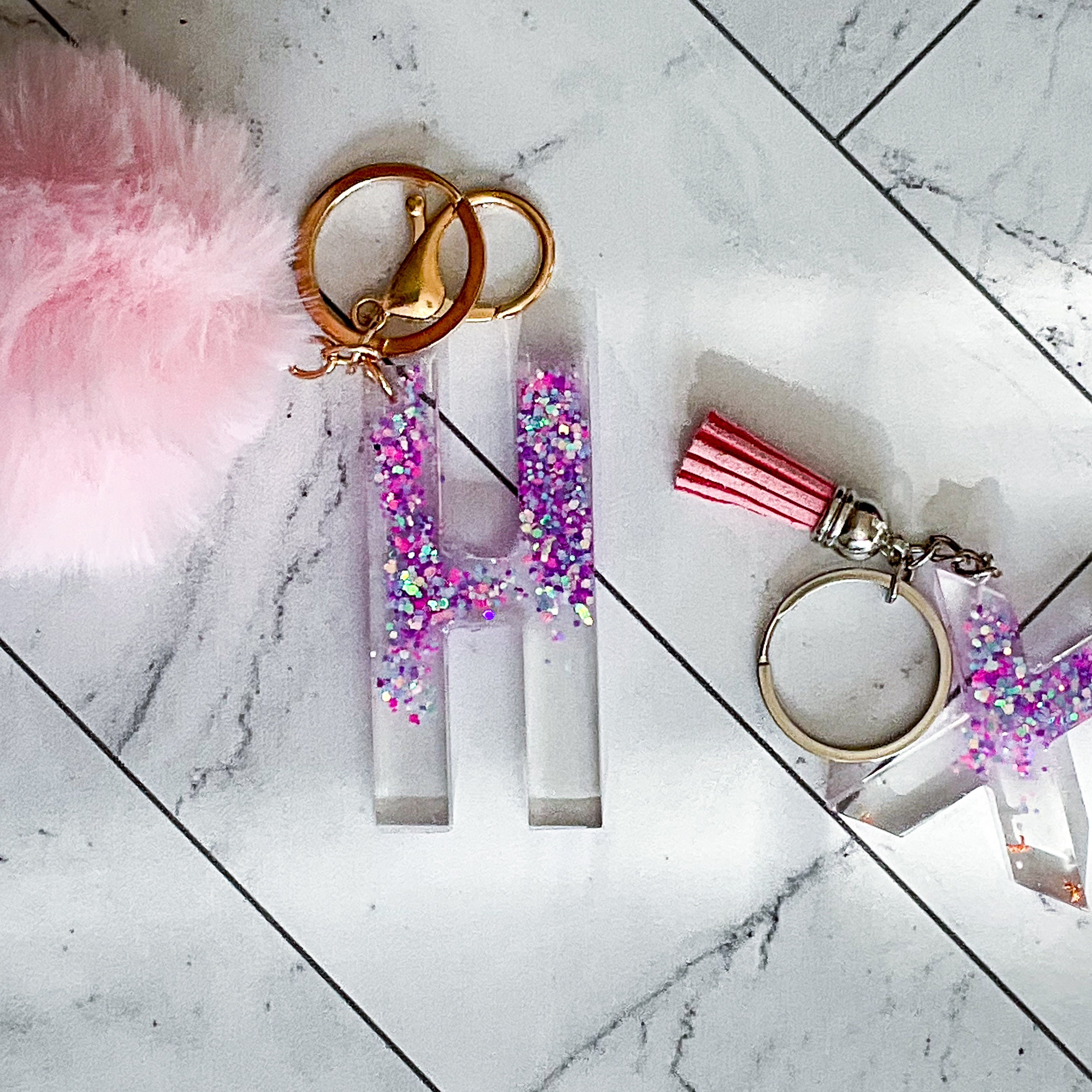 Pink Glitter Keychain Letter Keychain Initial Resin 
