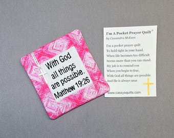 Pocket Prayer Quilt with Cross - Matthew 19:26 Embroidered Scripture - Glitter Fabric