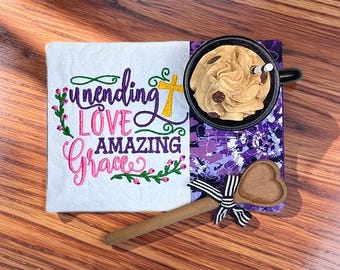 Christian Mug Rug Embroidered With "Unending Love, Amazing Grace" - Quilted Coaster Gift