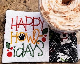 Happy Howl-lidays Mug Rug - Ideal Gift for Dog Lovers - Fabric Rectangle Coaster